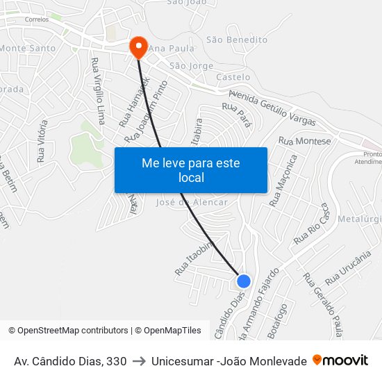 Av. Cândido Dias, 330 to Unicesumar -João Monlevade map
