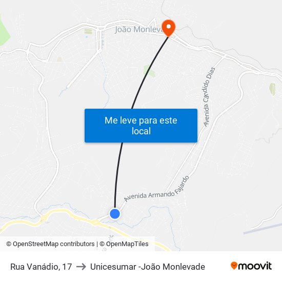 Rua Vanádio, 17 to Unicesumar -João Monlevade map