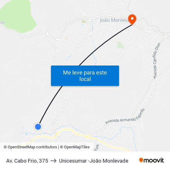 Av. Cabo Frio, 375 to Unicesumar -João Monlevade map