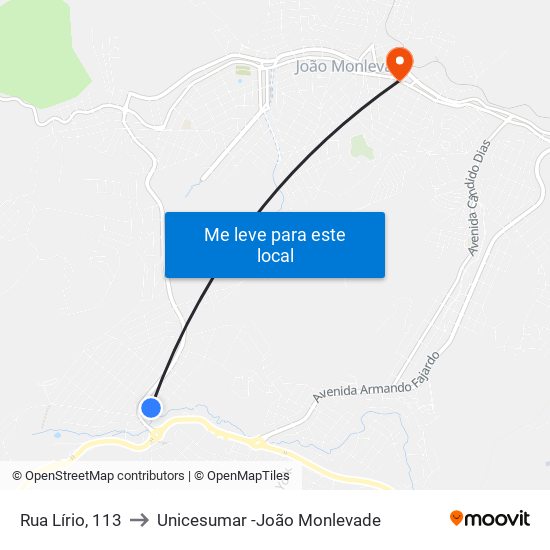 Rua Lírio, 113 to Unicesumar -João Monlevade map