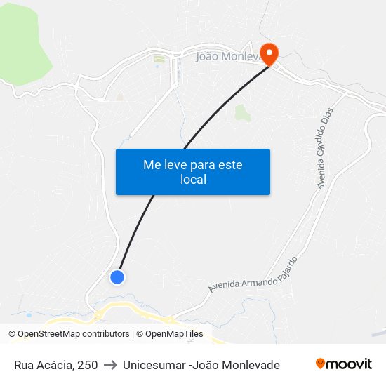 Rua Acácia, 250 to Unicesumar -João Monlevade map