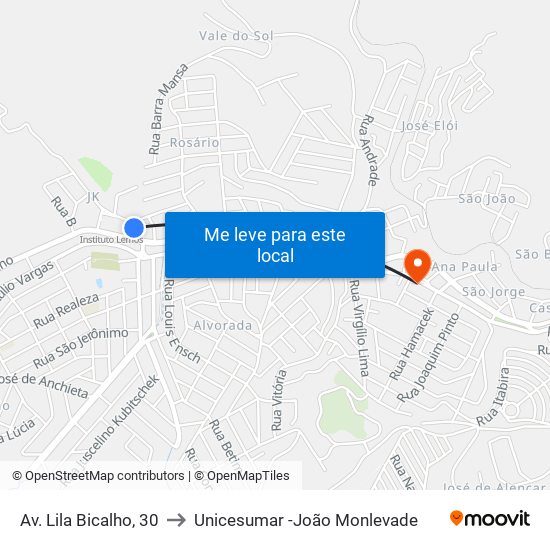 Av. Lila Bicalho, 30 to Unicesumar -João Monlevade map