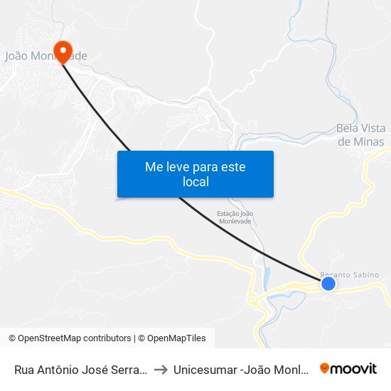 Rua Antônio José Serra, 187 to Unicesumar -João Monlevade map