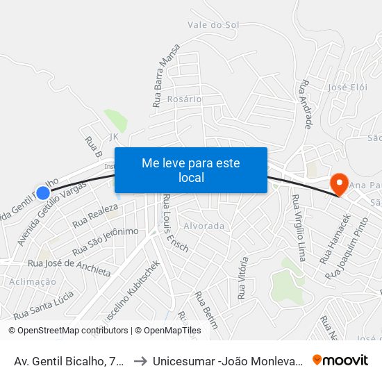 Av. Gentil Bicalho, 719 to Unicesumar -João Monlevade map