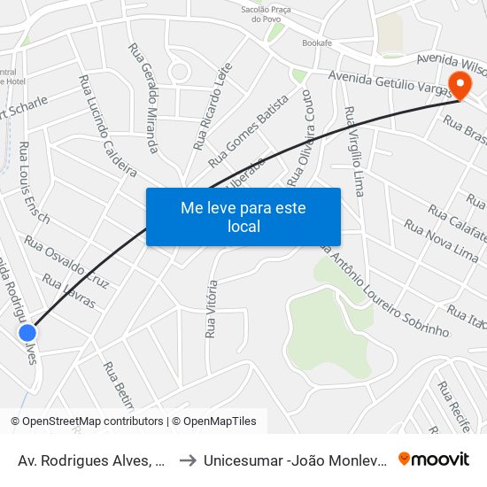 Av. Rodrigues Alves, 360 to Unicesumar -João Monlevade map