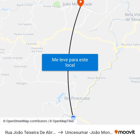 Rua João Teixeira De Abreu, 730 to Unicesumar -João Monlevade map