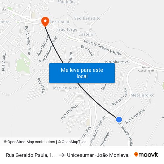 Rua Geraldo Paula, 181 to Unicesumar -João Monlevade map