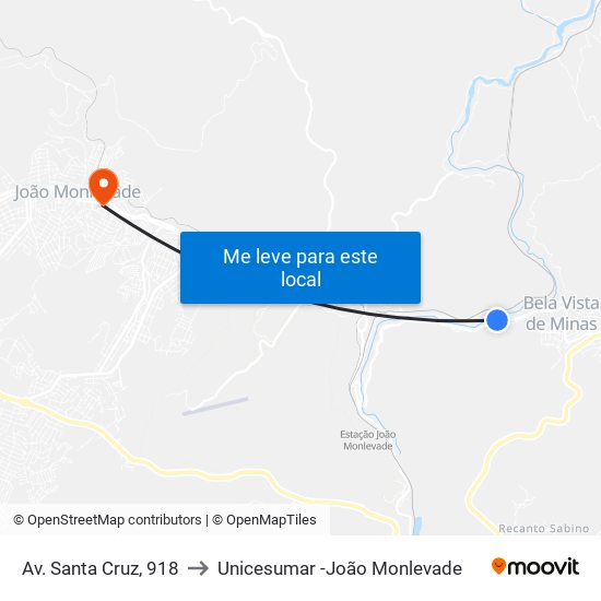 Av. Santa Cruz, 918 to Unicesumar -João Monlevade map