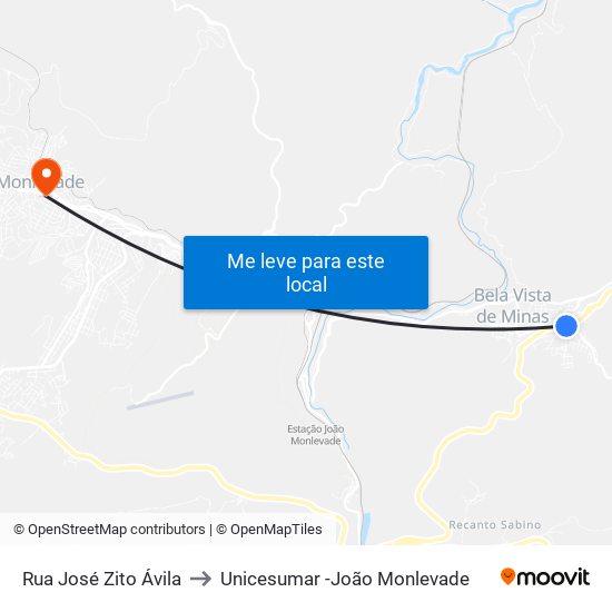 Rua José Zito Ávila to Unicesumar -João Monlevade map