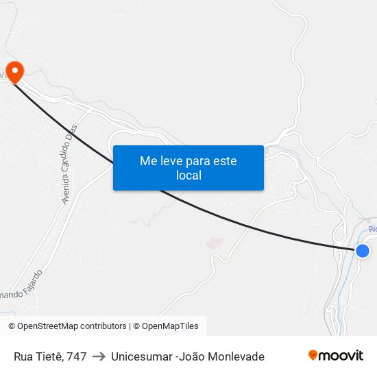 Rua Tietê, 747 to Unicesumar -João Monlevade map