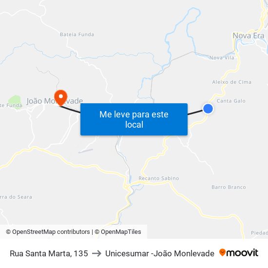 Rua Santa Marta, 135 to Unicesumar -João Monlevade map