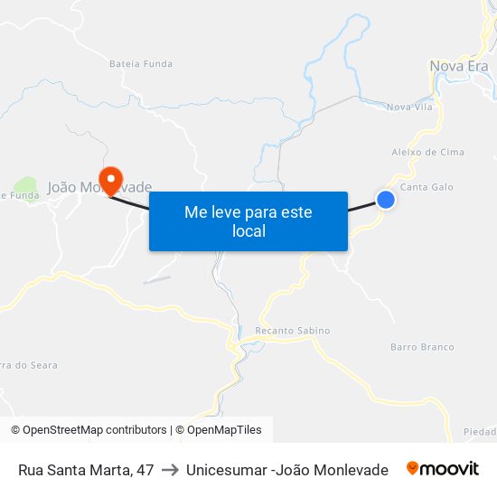 Rua Santa Marta, 47 to Unicesumar -João Monlevade map