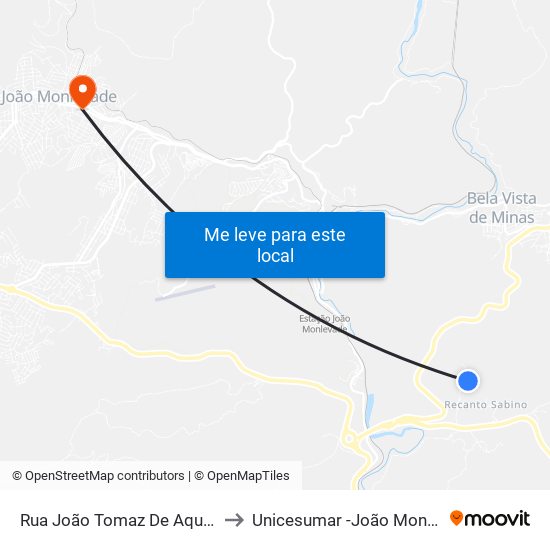 Rua João Tomaz De Aquino, 30 to Unicesumar -João Monlevade map