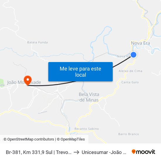 Br-381, Km 331,9 Sul | Trevo De Nova Era to Unicesumar -João Monlevade map