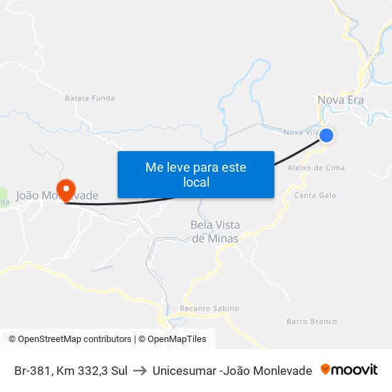 Br-381, Km 332,3 Sul to Unicesumar -João Monlevade map