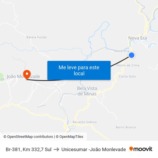 Br-381, Km 332,7 Sul to Unicesumar -João Monlevade map