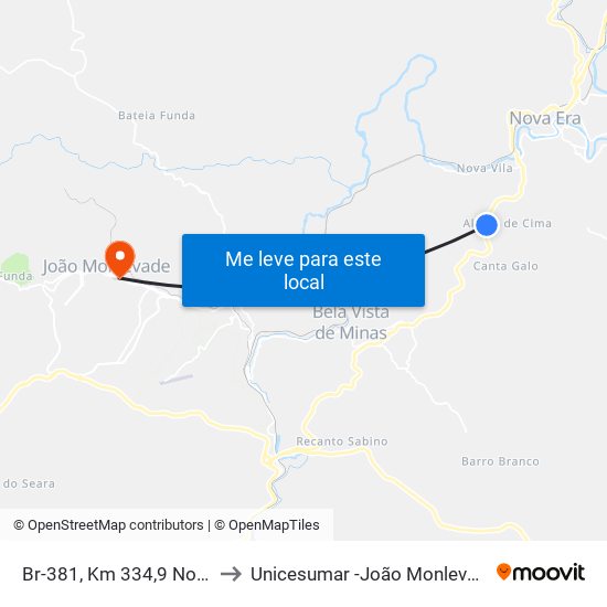 Br-381, Km 334,9 Norte to Unicesumar -João Monlevade map
