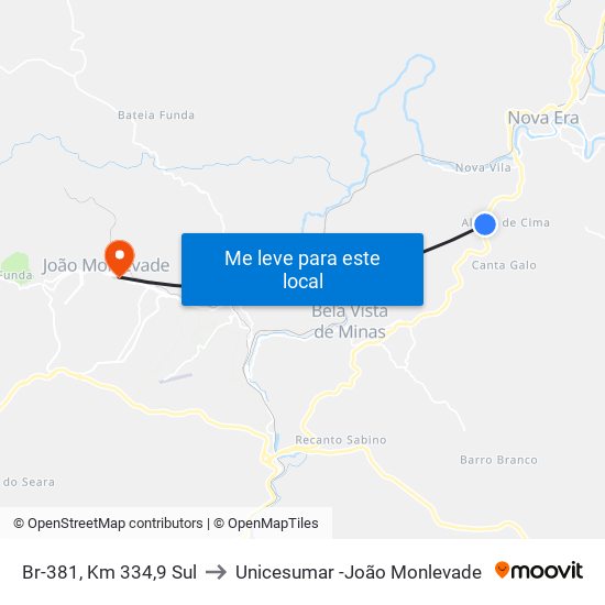 Br-381, Km 334,9 Sul to Unicesumar -João Monlevade map