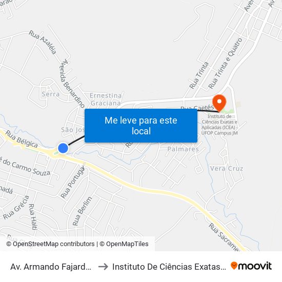 Av. Armando Fajardo | Trevo Do Cruzeiro Celeste to Instituto De Ciências Exatas E Aplicadas (Icea) - Ufop Campus Jm map