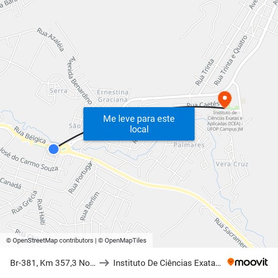 Br-381, Km 357,3 Norte | Trevo Do Cruzeiro Celeste to Instituto De Ciências Exatas E Aplicadas (Icea) - Ufop Campus Jm map