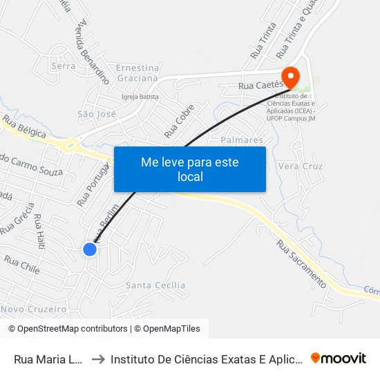 Rua Maria Leônidas, 435 to Instituto De Ciências Exatas E Aplicadas (Icea) - Ufop Campus Jm map