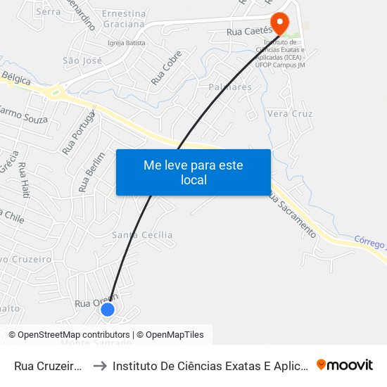 Rua Cruzeiro Do Sul, 269 to Instituto De Ciências Exatas E Aplicadas (Icea) - Ufop Campus Jm map