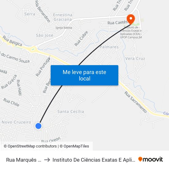 Rua Marquês De Caxias, 263 to Instituto De Ciências Exatas E Aplicadas (Icea) - Ufop Campus Jm map