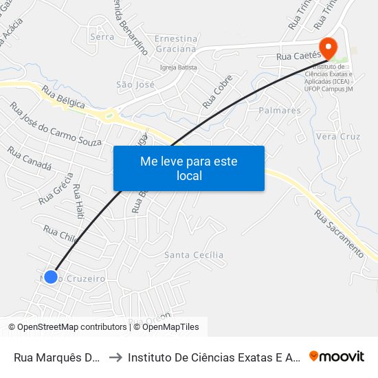 Rua Marquês De São Vicente, 145 to Instituto De Ciências Exatas E Aplicadas (Icea) - Ufop Campus Jm map