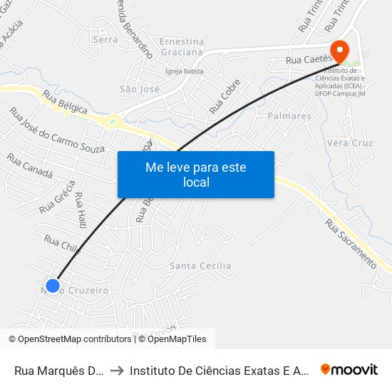 Rua Marquês De São Vicente, 94 to Instituto De Ciências Exatas E Aplicadas (Icea) - Ufop Campus Jm map