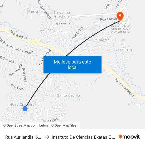 Rua Aurilândia, 64 | Creche Irmã Dulce to Instituto De Ciências Exatas E Aplicadas (Icea) - Ufop Campus Jm map