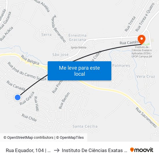 Rua Equador, 104 | Ponto Final Do Teresópolis to Instituto De Ciências Exatas E Aplicadas (Icea) - Ufop Campus Jm map