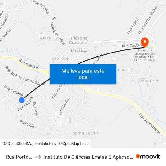 Rua Porto Rico, 100 to Instituto De Ciências Exatas E Aplicadas (Icea) - Ufop Campus Jm map