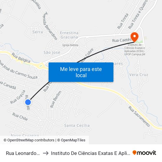 Rua Leonardo Diniz Dias, 250 to Instituto De Ciências Exatas E Aplicadas (Icea) - Ufop Campus Jm map