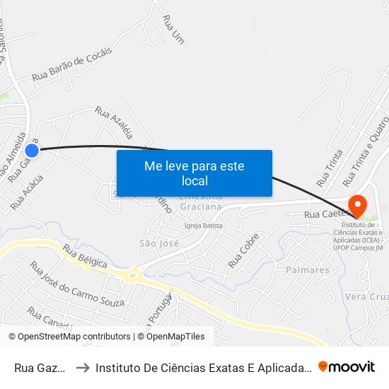 Rua Gazânia, 755 to Instituto De Ciências Exatas E Aplicadas (Icea) - Ufop Campus Jm map