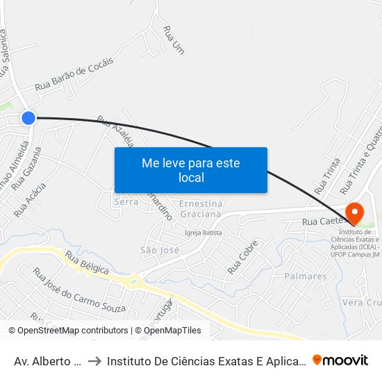 Av. Alberto Lima, 2500 to Instituto De Ciências Exatas E Aplicadas (Icea) - Ufop Campus Jm map