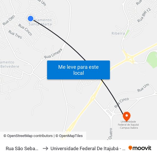 Rua São Sebastião, 61 to Universidade Federal De Itajubá - Campus Itabira map