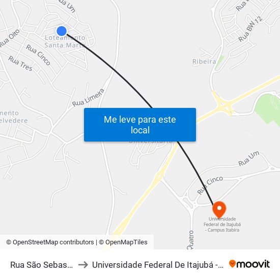 Rua São Sebastião, 171 to Universidade Federal De Itajubá - Campus Itabira map