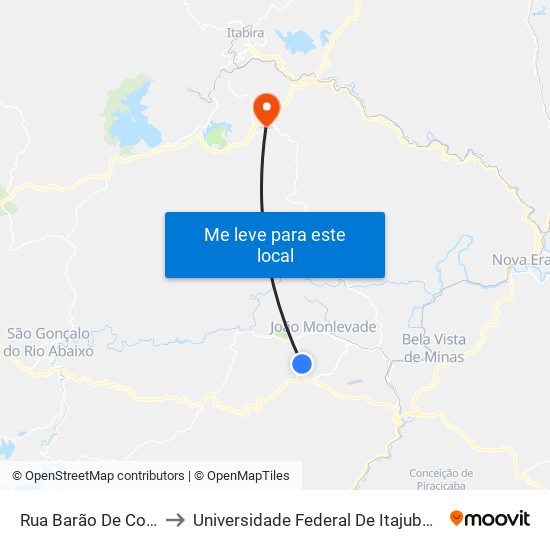 Rua Barão De Cocais, 2030 to Universidade Federal De Itajubá - Campus Itabira map