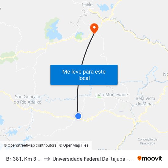 Br-381, Km 367,5 Sul to Universidade Federal De Itajubá - Campus Itabira map