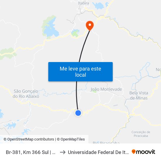 Br-381, Km 366 Sul | Recanto Da Cascata to Universidade Federal De Itajubá - Campus Itabira map