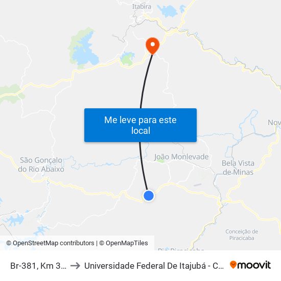 Br-381, Km 362 Sul to Universidade Federal De Itajubá - Campus Itabira map