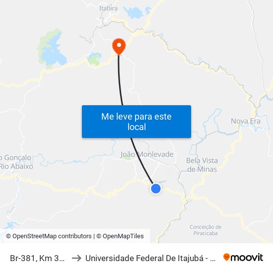 Br-381, Km 354,7 Sul to Universidade Federal De Itajubá - Campus Itabira map