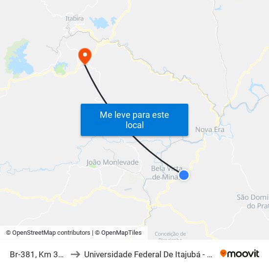 Br-381, Km 339,6 Sul to Universidade Federal De Itajubá - Campus Itabira map