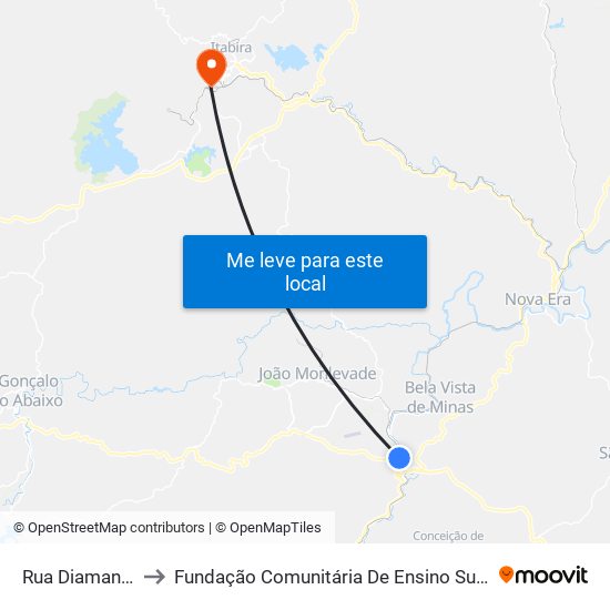 Rua Diamante, 183 to Fundação Comunitária De Ensino Superior De Itabira map