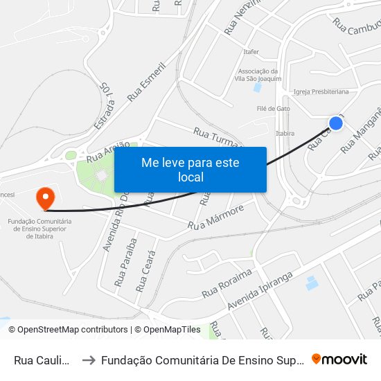 Rua Caulim, 165 to Fundação Comunitária De Ensino Superior De Itabira map