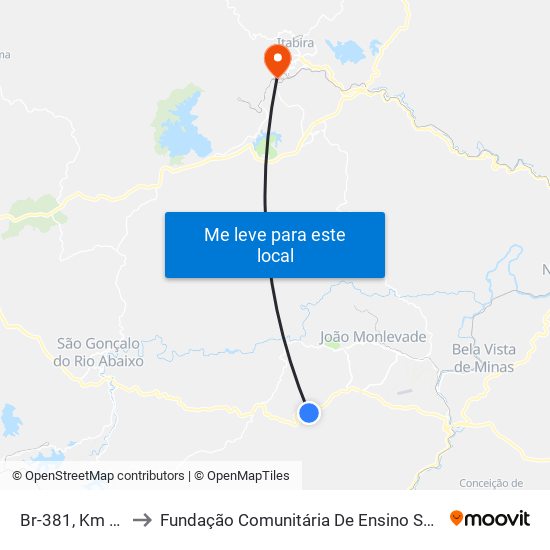 Br-381, Km 362 Sul to Fundação Comunitária De Ensino Superior De Itabira map
