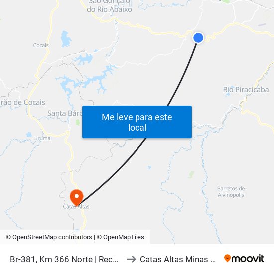 Br-381, Km 366 Norte | Recanto Da Cascata to Catas Altas Minas Gerais Brazil map