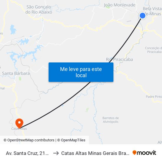 Av. Santa Cruz, 2164 to Catas Altas Minas Gerais Brazil map