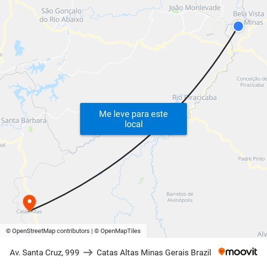 Av. Santa Cruz, 999 to Catas Altas Minas Gerais Brazil map