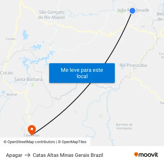 Apagar to Catas Altas Minas Gerais Brazil map
